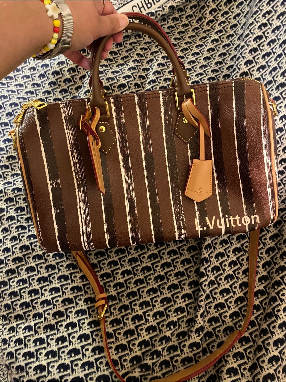 Louis Vuitton Inspired Brown Striped Leather Satchel